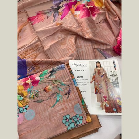 Light Brown Digital Printed 3pc Lawn Suit – Maheen Prints Summer Collection with Cambric Dyed Trouser, Lawn Dupatta & Premium Bag Packing