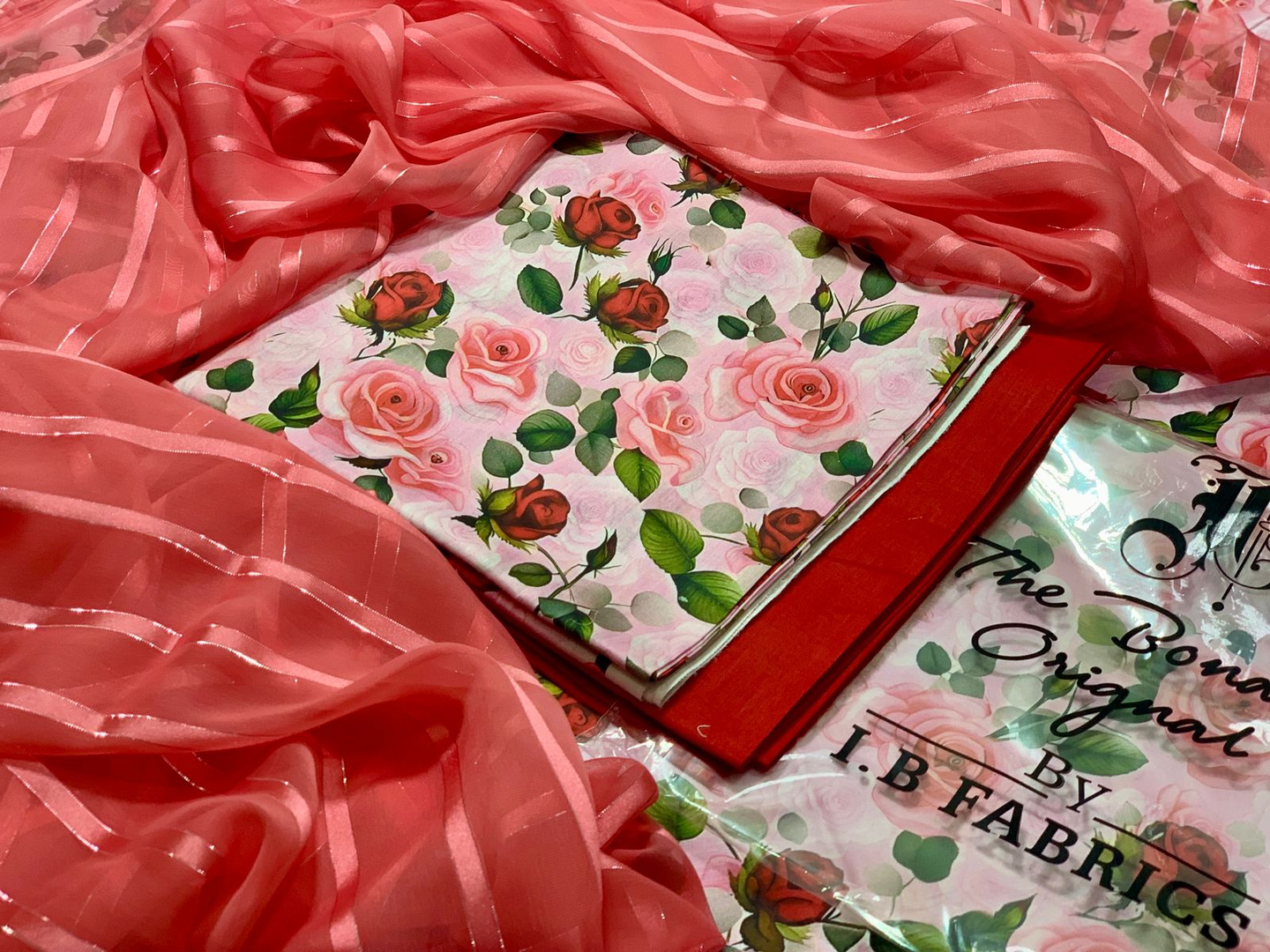 Bonanza Lawn White & Pink Floral Digital Print 3-Piece Unstitched Suit with Pink Striped Chiffon Dupatta