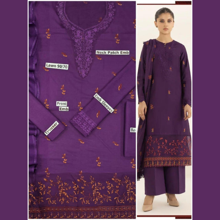 Luxury Embroidered Lawn 3 Piece Unstitched Suit for Women – Voile Dupatta & Dyed Trouser – Summer Collection 2025.