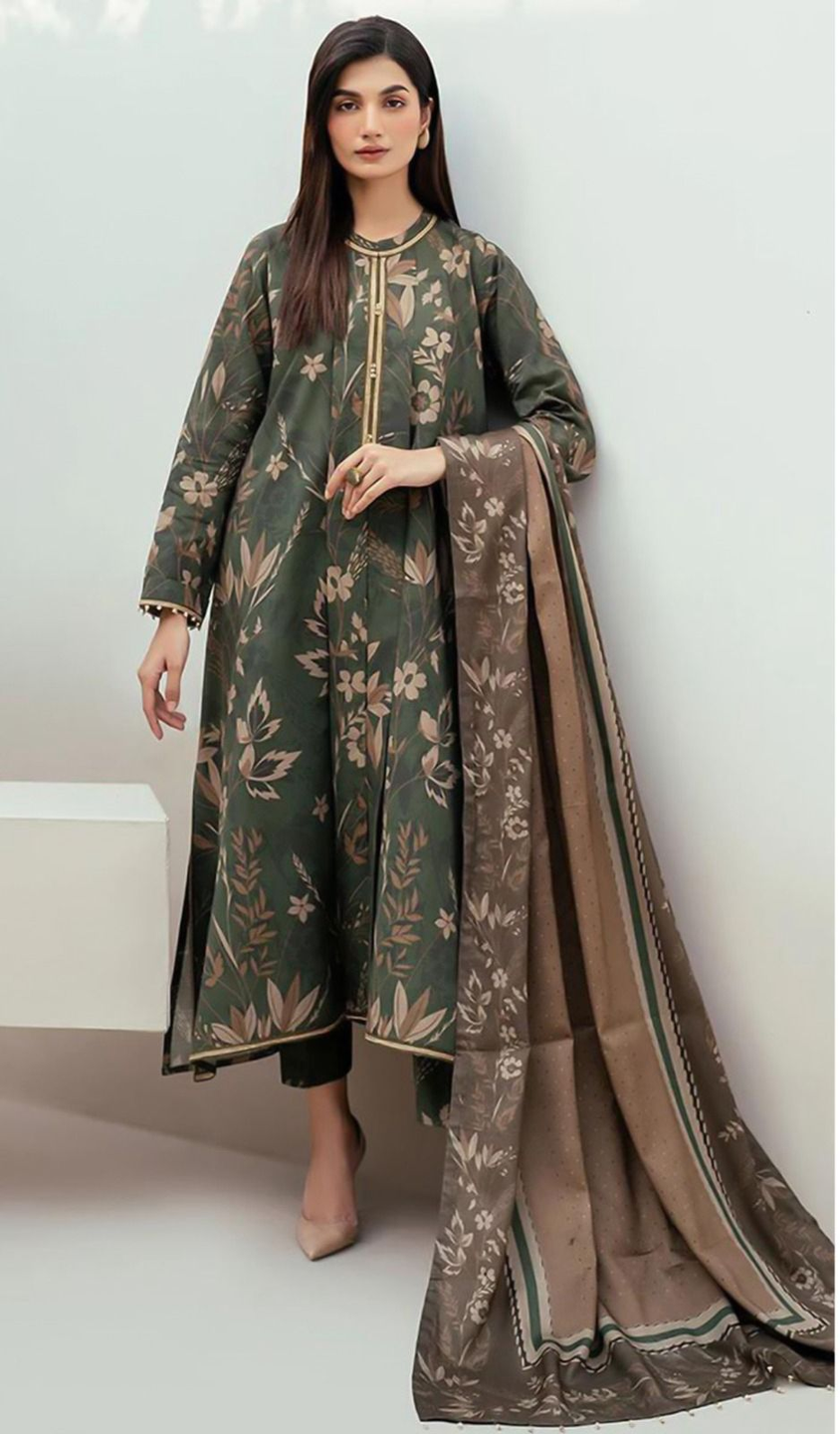 DORA New Volume Olive Green Baroque Printed 3Piece Lawn Suit