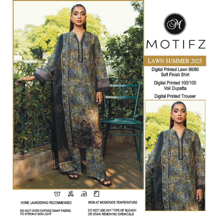 Green, Gray, and Brown Zari Lawn Suit 3PC Unstitched Summer Eid Collection 2025 by MOTIFZ Premium Lawn with Voile Dupatta