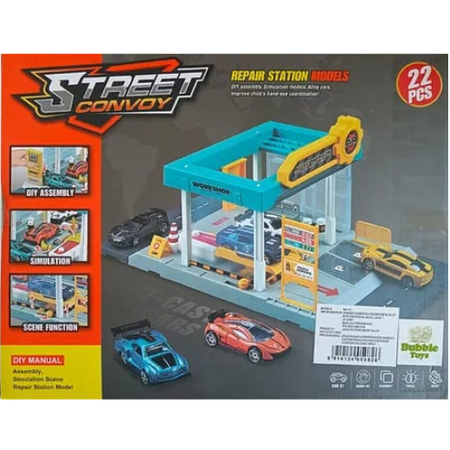 Street Convoy Auto Repair Station Toy Set for Kids – 22 Pcs DIY Workshop with Alloy Cars, Garage, and Tools for Pretend Play.