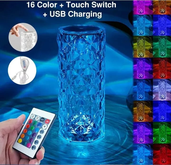 Dimmable Crystal Table Lamp with 16 RGB Colors, Touch Control, and Remote