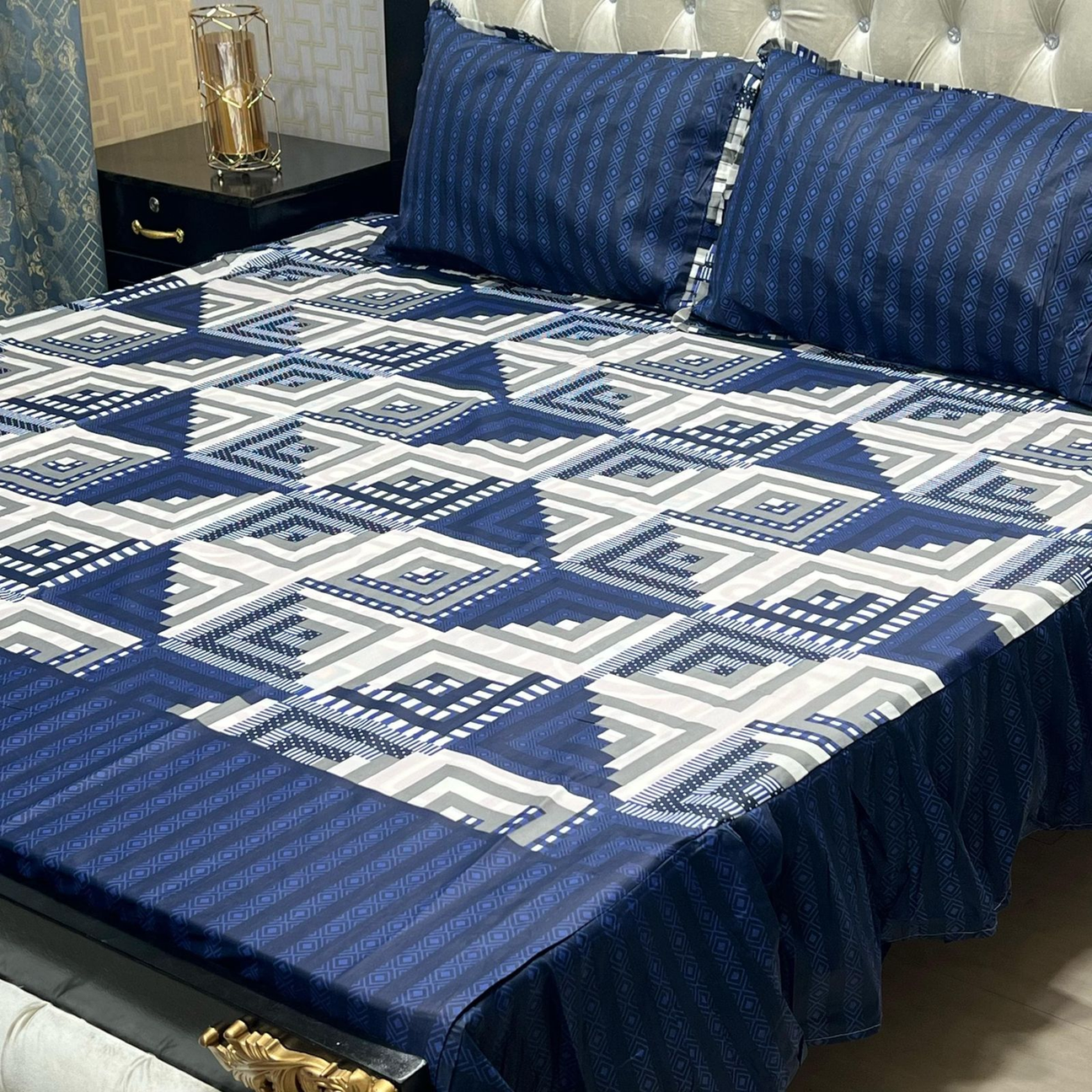 Indigo & Grey Geometric King Size Bedsheet with Frill (More direct)