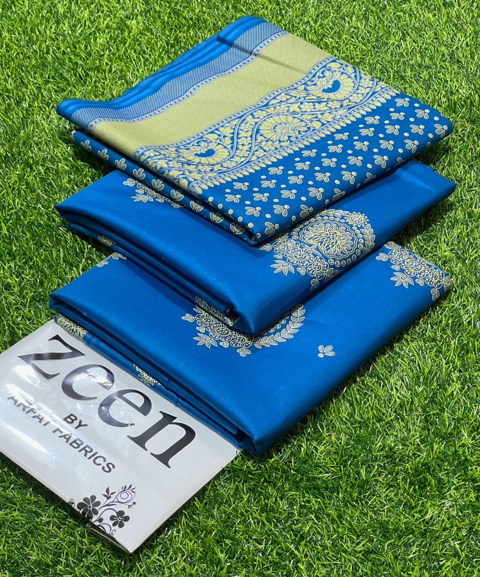 Zeen by Arfat Fabrics: Royal Blue Printed Lawn Suit with Intricate Gold/Cream Motifs & Borders – Unstitched Summer Elegance
