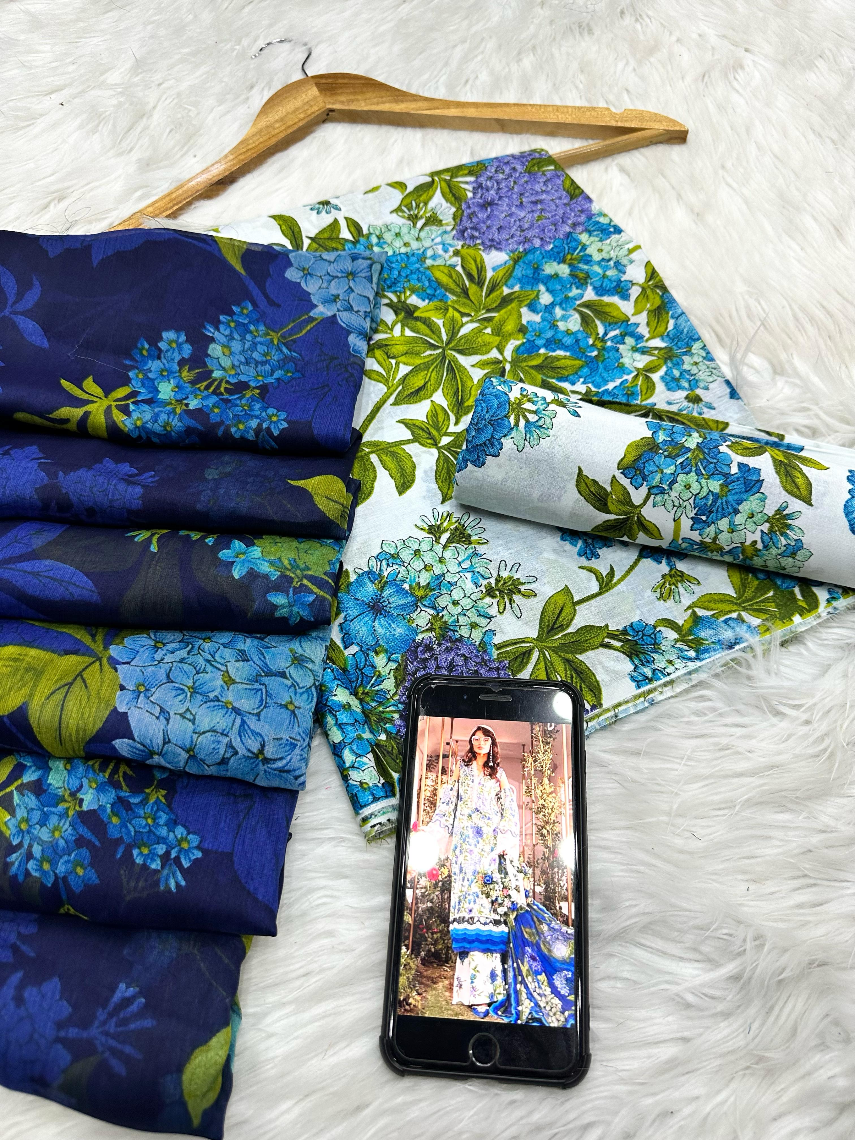 Maria B Lawn 3PC Suit - Blue & White Floral Print Luxury Lawn Shirt digital With digital printed shiffon dupata with printed Trouser