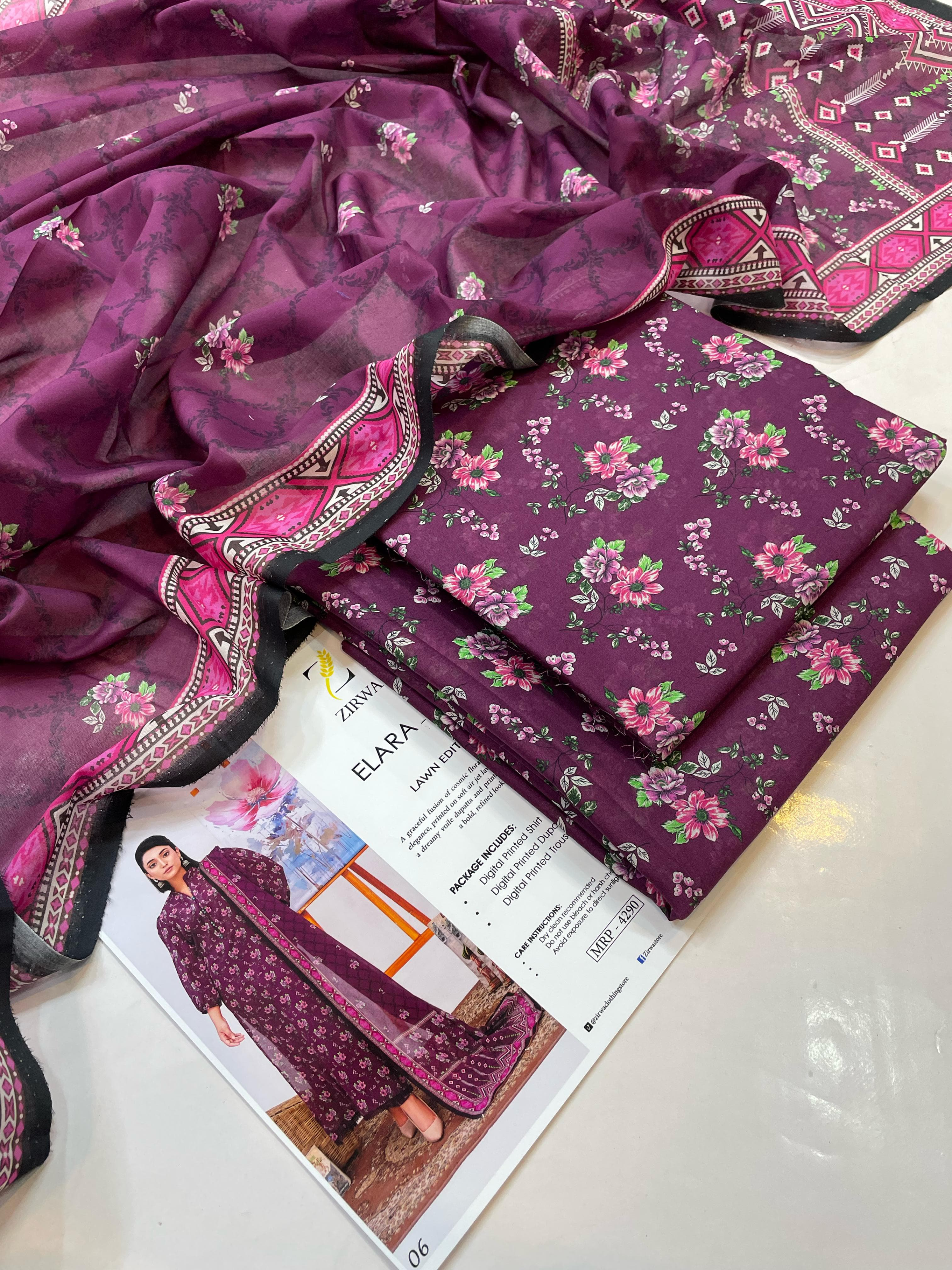Zirwaa Elara Lawn Collection – 3 Piece Unstitched Floral Printed Suit – Elegant Summer Wear Fabric 00