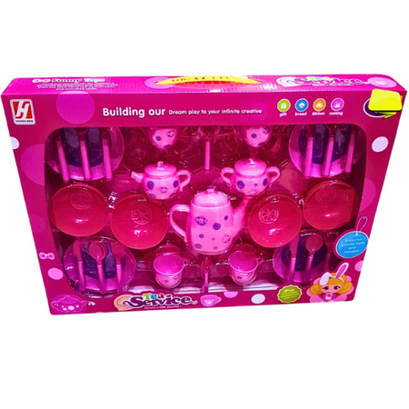 Kids Tea Set Play Service – Pink Pretend Tea Party Set with Cups, Teapot, Saucers & Utensils – Toy Kitchen Playset for Girls Ages 3+