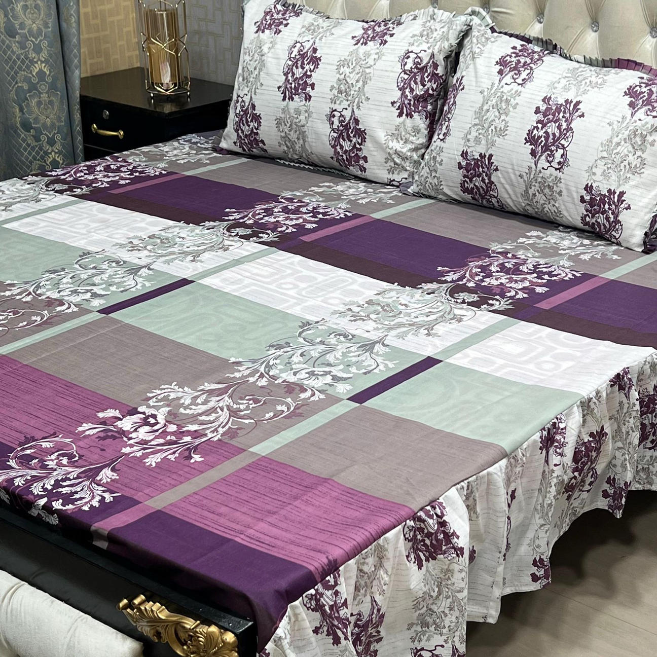 Home Tex BD Purple & Grey Patchwork Floral Frill King Size Bed Sheet Set