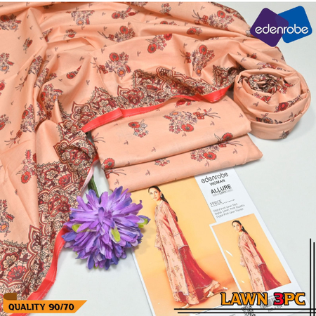 Women's 3PC Lawn Series 90/70 Airjet Lawn 100% Original Digital Printed Shirt, Trouser & Voil Lawn Dupatta Peach Flora EDR-3006