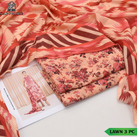 ORANGE SAPPHIRE 3Piece Summer Eid Collection Zari Effect Lawn Suit with Voile Dupatta & Printed Trouser