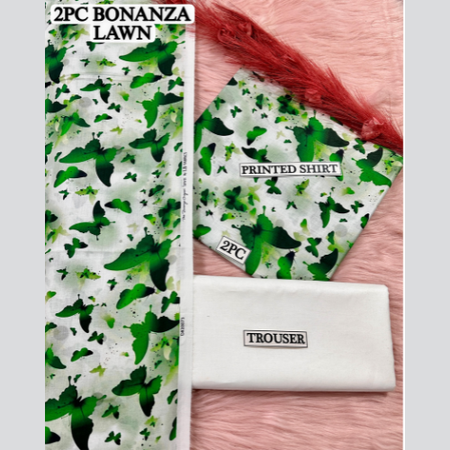 Green & White Bonanza Lawn Printed Collection Premium 2 Piece Unstitched Lawn Suit for Women Elegant Summer Wear