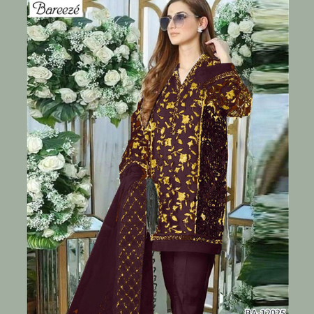 Bareeze 2025 Premium 3PC Embroidered Lawn Suit – Full Front & Sleeves Embroidery, Dyed Trouser & Elegant Bamber Chiffon Dupatta | Unstitched Summer Collection.