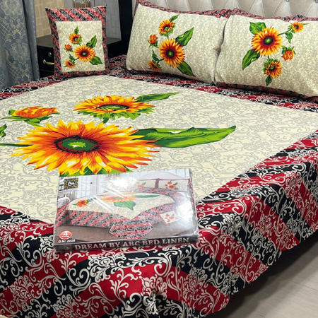 Luxury 3D Panel Crystal Cotton 4PCS Bedsheet Set – King Size with Cushion & Pillow Covers – Wrinkle Resistant & Soft Finish.