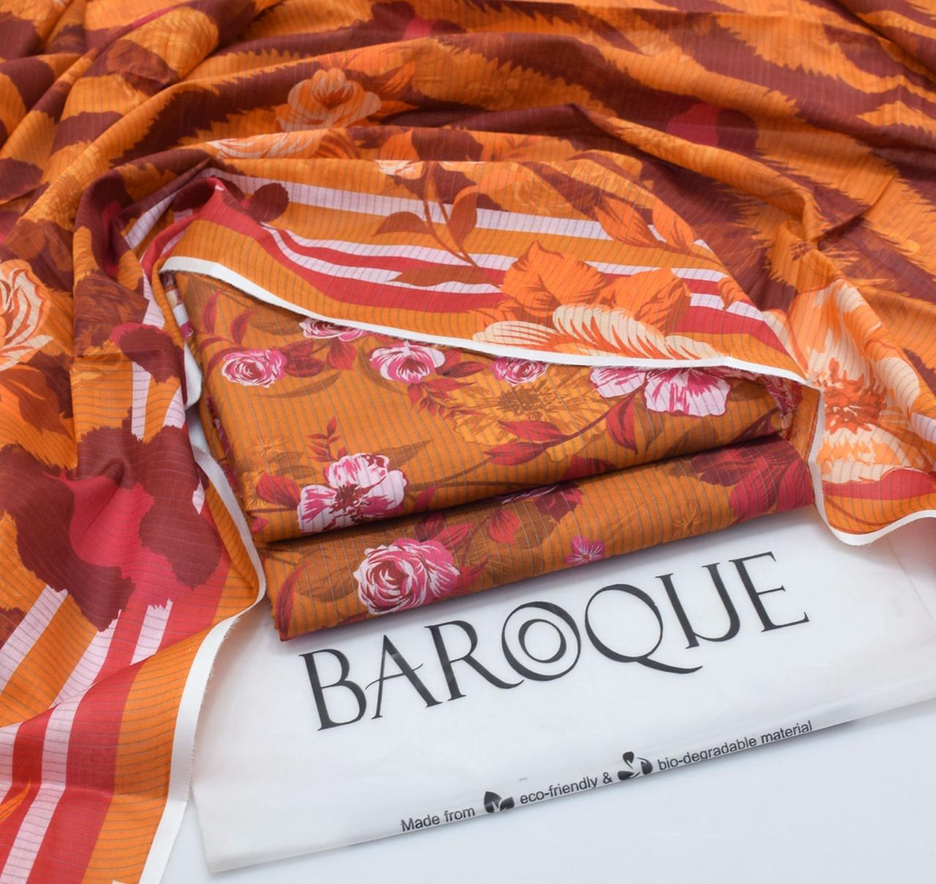 Baroque Lawn Digital Printed Suit (Terracotta & Orange Floral)