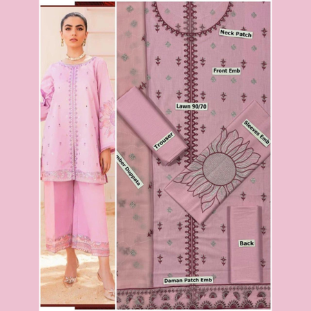 Unstitched Luxury Embroidered Lawn 3Pc Suit with Voile Dupatta – Elegant Summer Wear Collection by Mix Brand.
