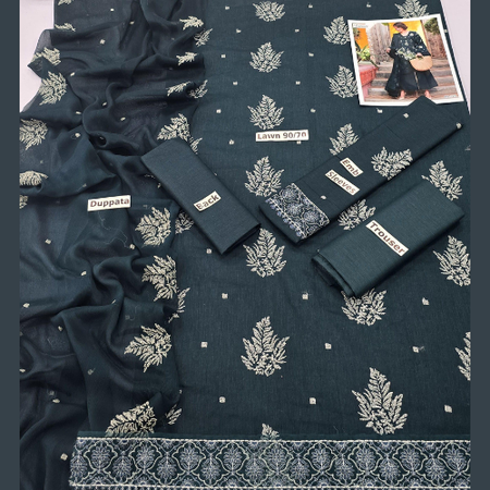 Bareeze BA128 – Premium Embroidered Lawn 3PC Suit with Bamber Dupatta & Trouser Patch | Summer Collection 2025 .