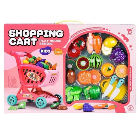 Kids Shopping Cart Playset with Cutting Fruits and Vegetables – Pretend Grocery Toy Set for Toddlers Ages 3+