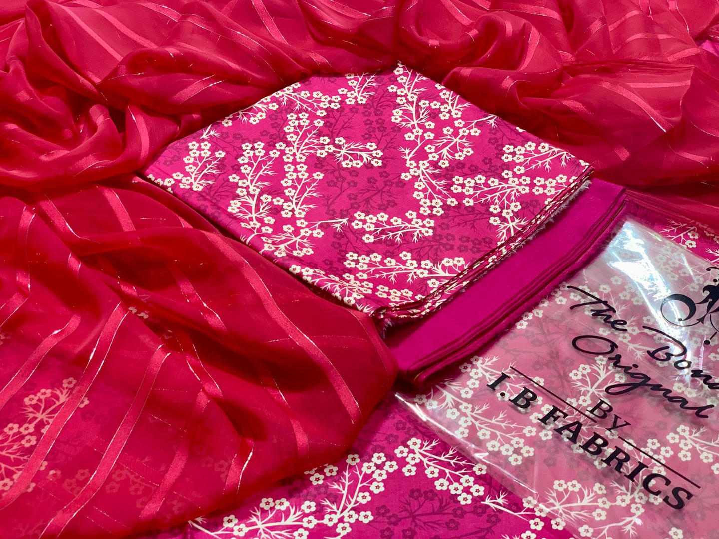 Bonanza Lawn Hot Pink & White Floral Digital Print 3-Piece Unstitched Suit with Striped Chiffon Dupatta