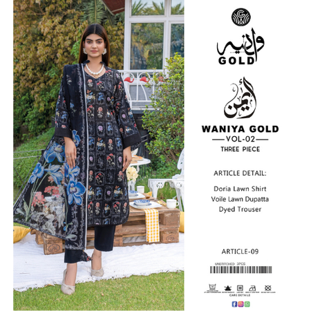 3Piece Unstitched Lawn Suit Black Waniya Gold Original Collection Doria Printed Shirt, Voile Dupatta & Dyed Trouser Summer 2025