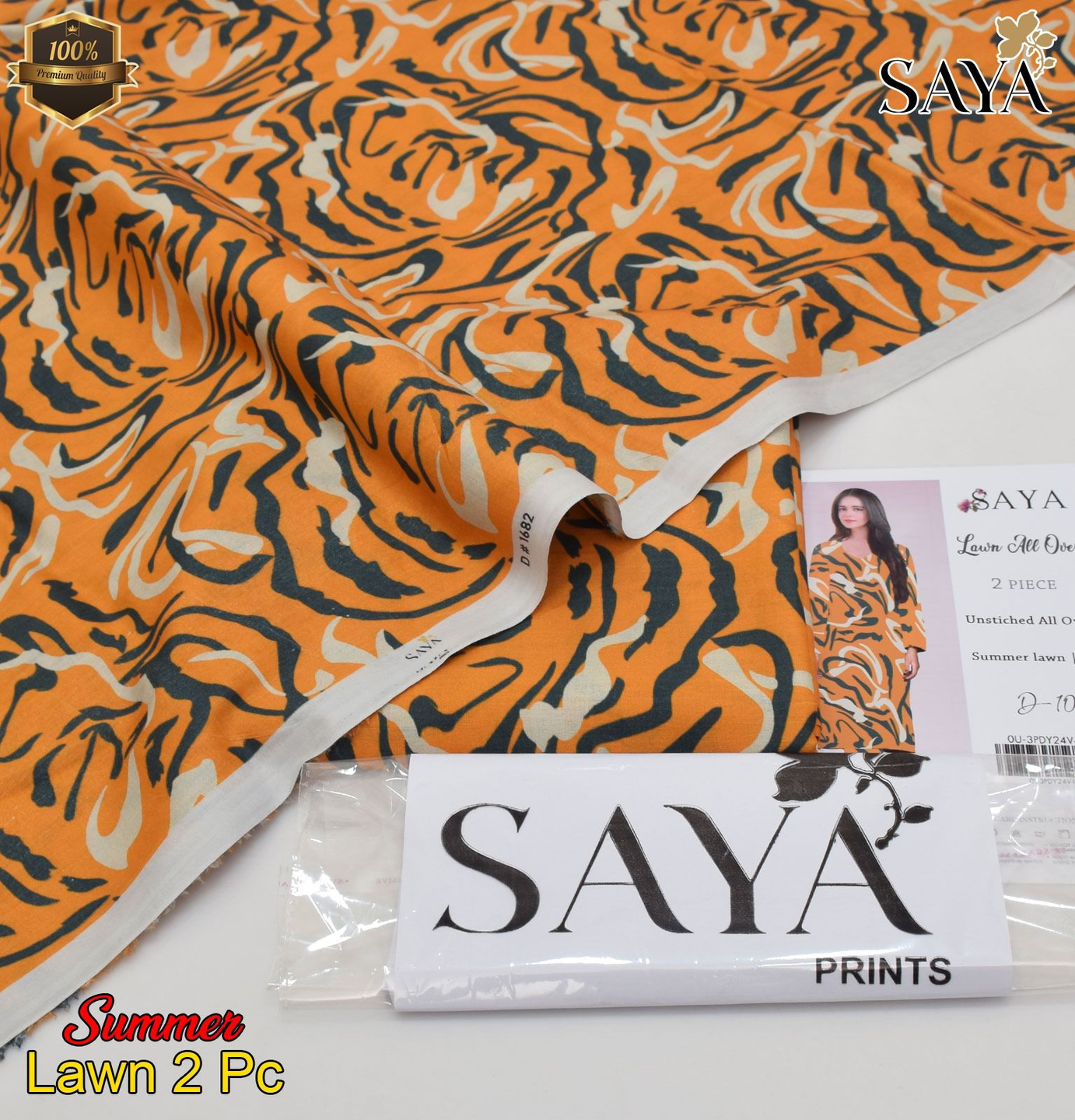 Digital Printed Lawn 2 Piece Suit SAYA All Over Print 100% Pure Lawn 90/70 Airjet Quality Fabric Orange Color Soft and Fine Summer Wear