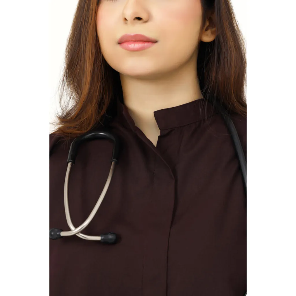 Maroon Women’s Frock Style Scrub Suit with Front Pockets – Full Sleeves