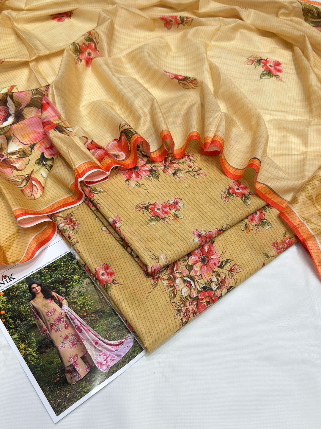 Elegant Unstitched Beige Floral Digital Print Lawn Suit with Embroidered Neckline - Iznik Collection