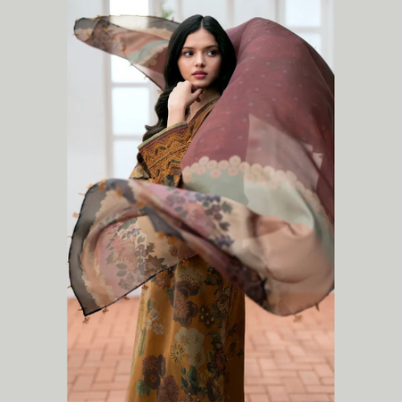 Luxury Embroidered 3-Piece Suit in Brown and Beige Floral Design by Baroque – Premium Airjet Lawn with Swiss Voile Dupatta