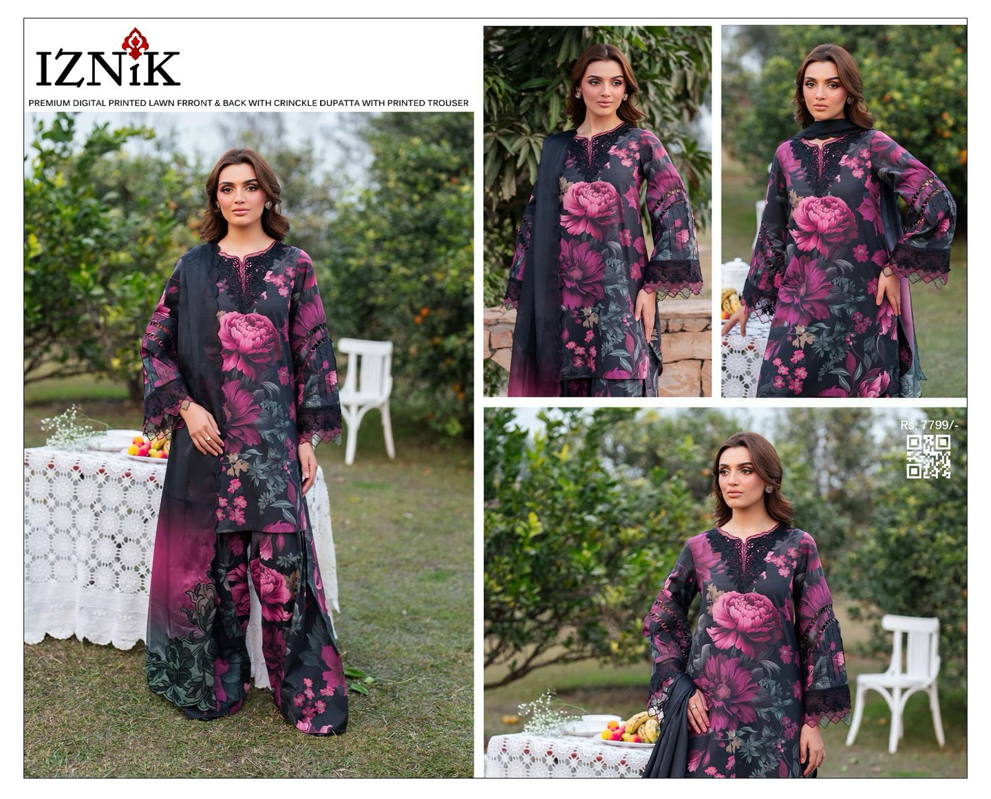 Elegant Unstitched Black Floral Digital Print Lawn Suit with Lace Trims and Flowy Dupatta - Iznik Collection