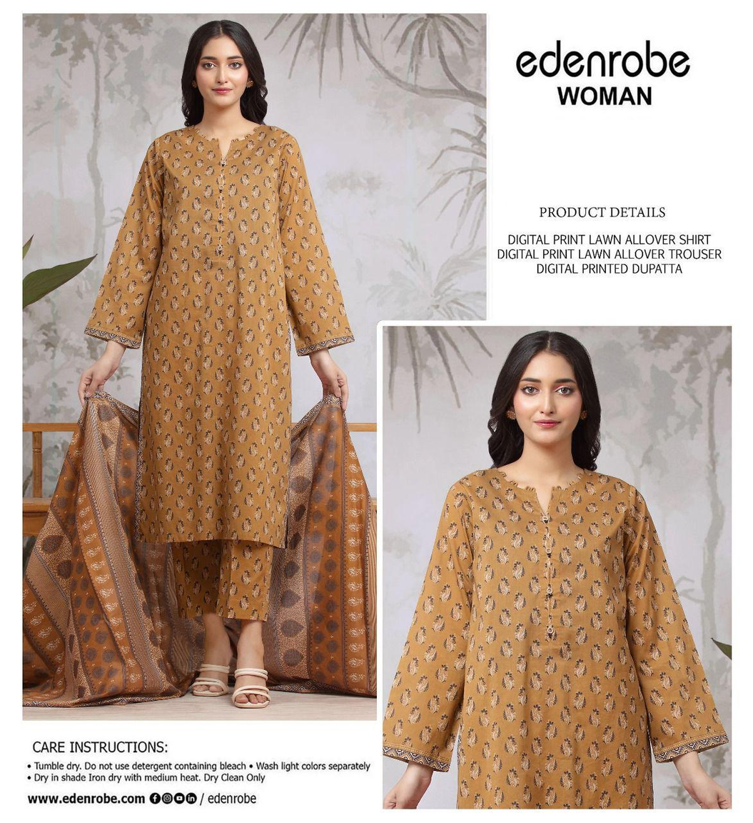 Edenrobe Woman Digital Print Lawn All Over 3-Piece Suit in Mustard with Coordinated Dupatta