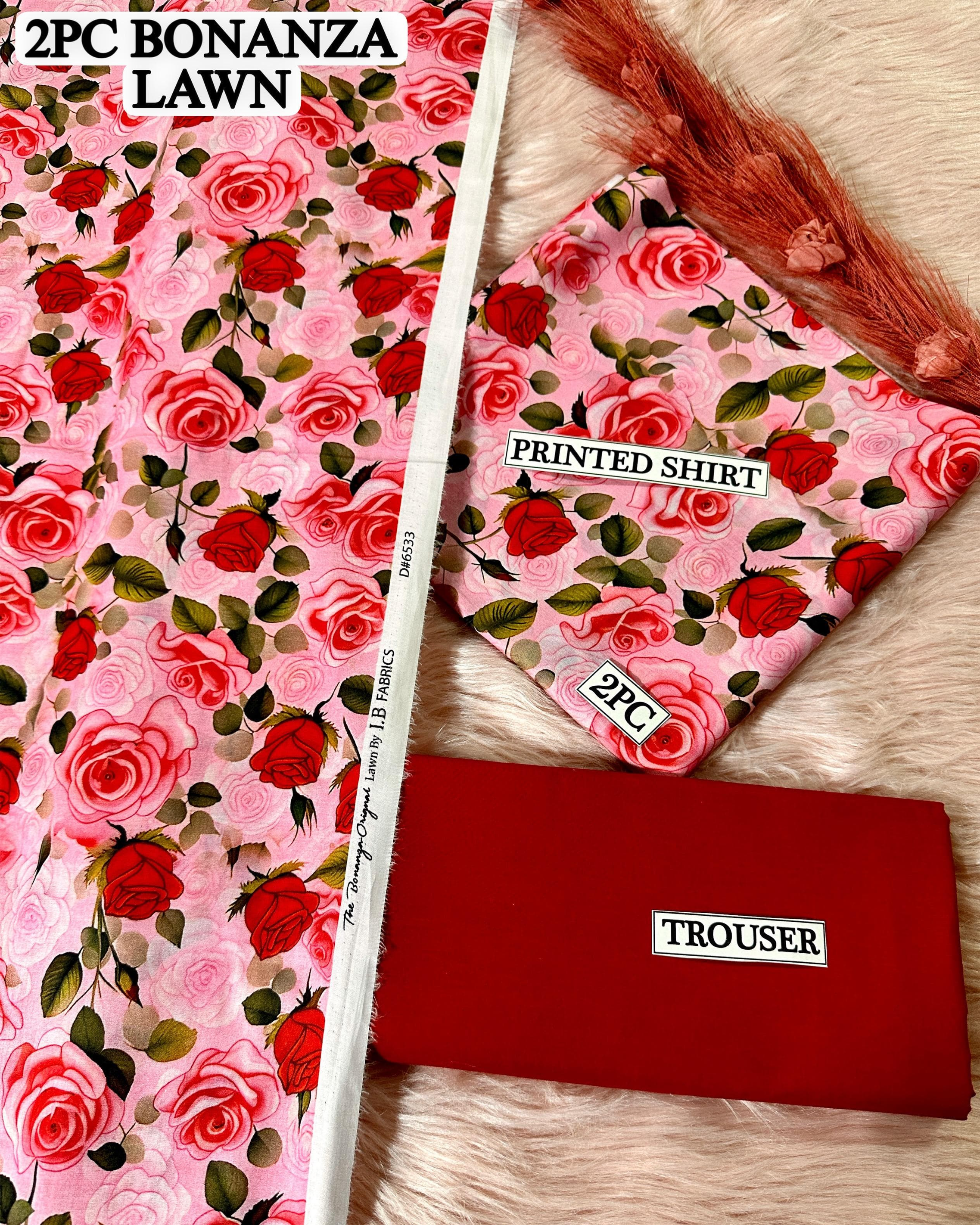 Women’s BONANZA Lawn 2Piece Suit Pink Background with Floral Rose Design in Red, Light Pink & Green