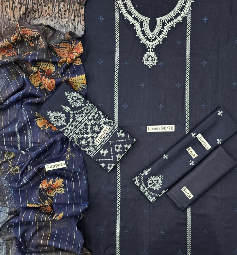 Bin Sayed Inspired Navy Blue Embroidered Lawn Suit with Printed Dupatta