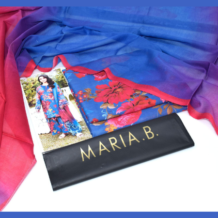 Elegant MARIA.B Digital Print Lawn Suit – 3PC Summer Set with Soft Lawn Shirt, Printed Trouser & Voil Dupatta.