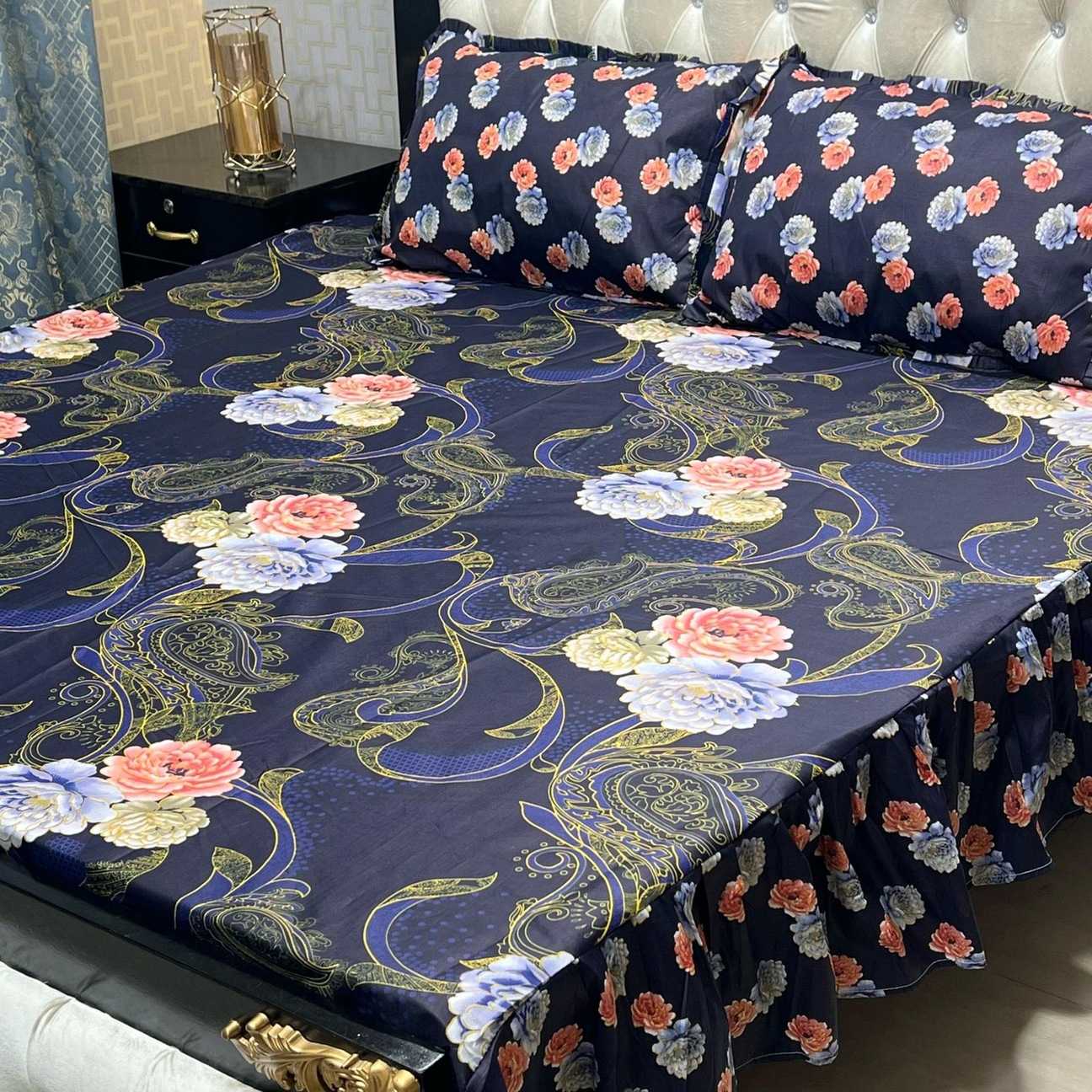Midnight Bloom: 3-Piece King Size Frilled Bed Sheet Set with Paisley & Floral Fusion