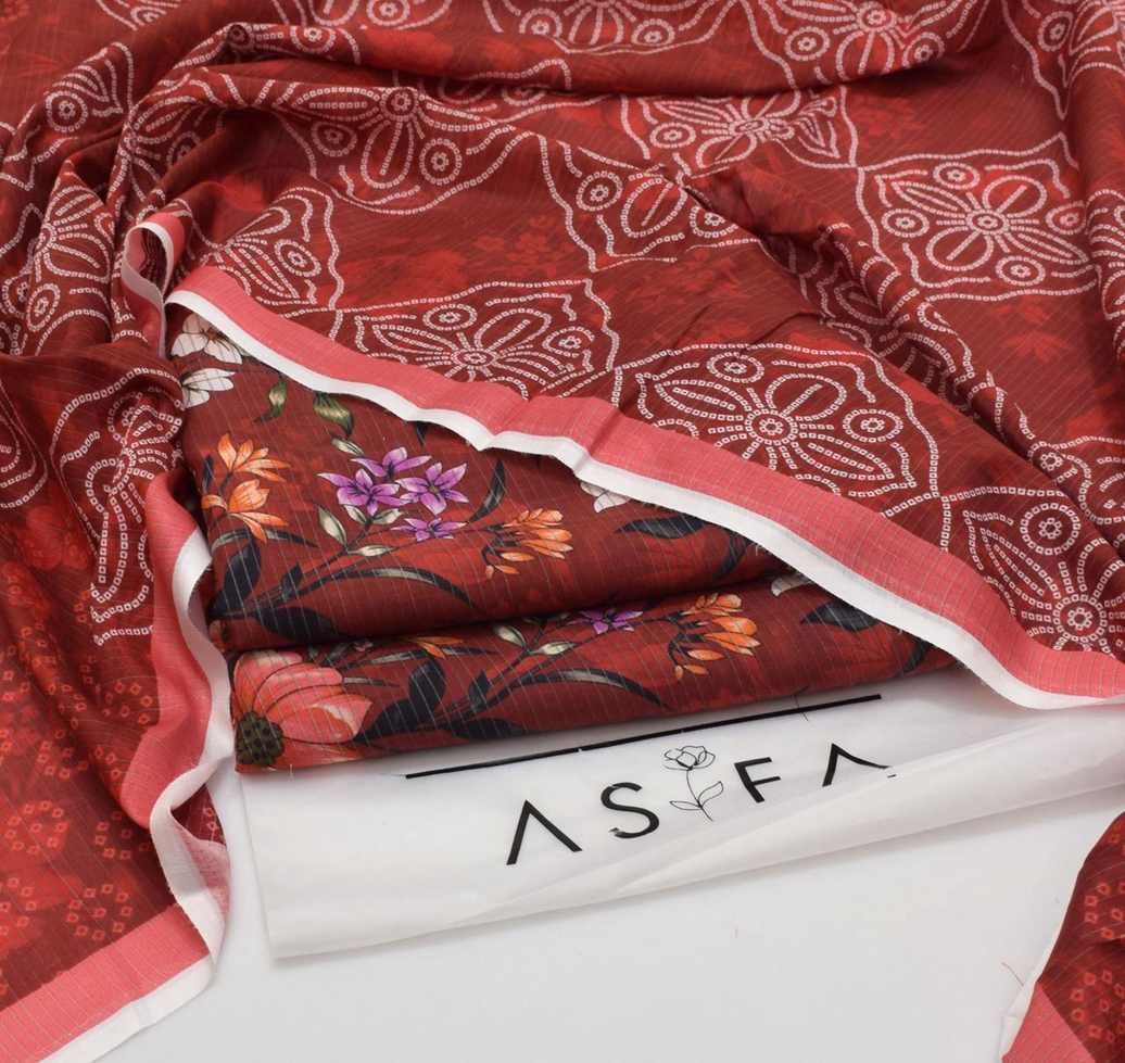 Asfa Digital Printed Lawn Suit (Rust Red with Floral & Bandhani Motifs)