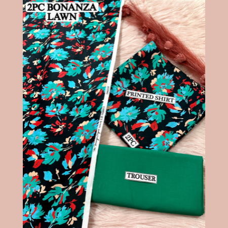 Black with Green Shalwar and Ferozi Floral Print Bonanza Lawn Printed Collection Premium 2 Piece Unstitched Lawn Suit for Women Elegant Summer 2025 Look