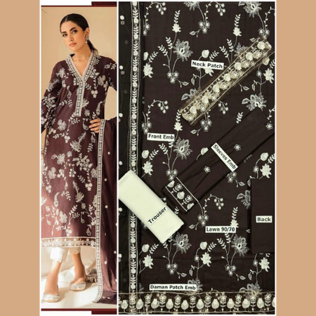 Luxury Embroidered Lawn 3 Piece Unstitched Suit for Women – Voile Dupatta & Dyed Trouser – Summer Collection 2025.