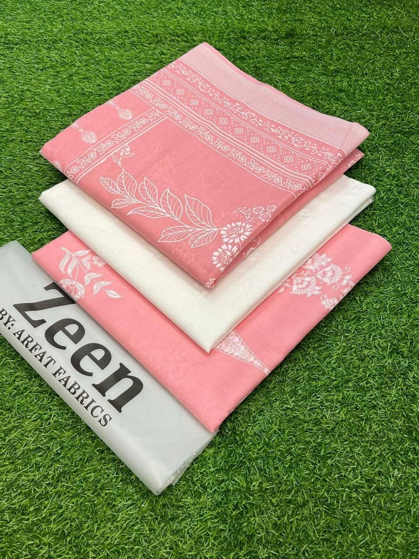 Zeen by Arfat Fabrics: Delicate Pink & White Printed Lawn Suit with Elegant Floral Patterns – Unstitched Summer Collection