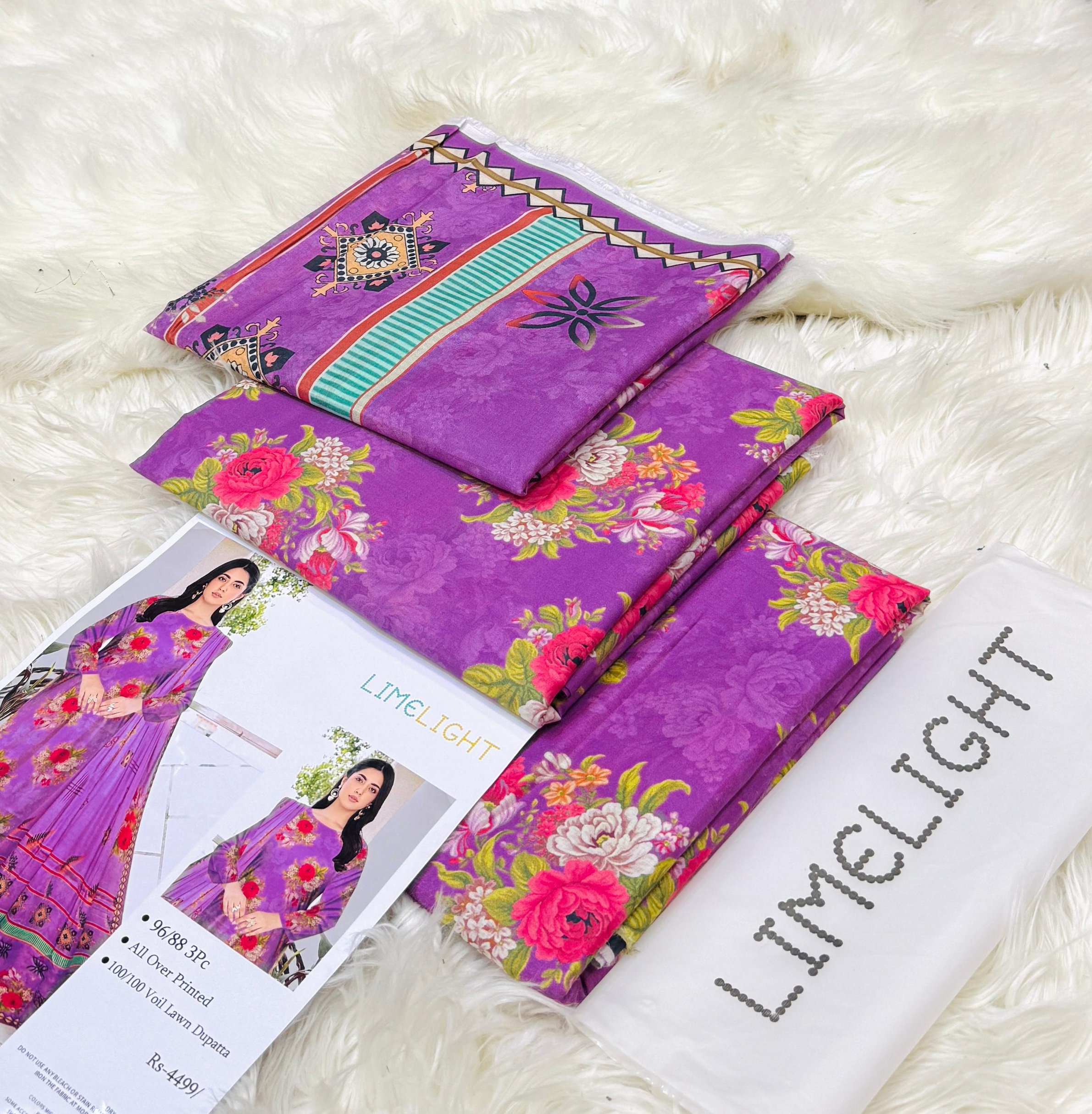 Latest Limelight Collection: All Over Printed Rayon Suit with Soft Voil Lawn Dupatta