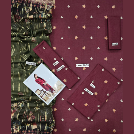 Elegant 3PC Embroidered Lawn Suit with Diamond Digital Dupatta & Trouser Patch – Premium Summer Wear by Mix Brands.