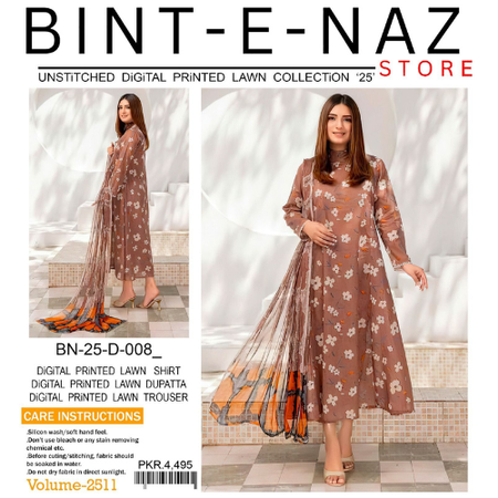 Digital Printed Lawn Suit in Light Brown Bint e Naz Premium Airjet Lawn 3Piece Collection