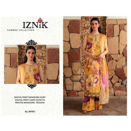 Iznik Summer Lawn Suit – 3PC Bana Dora with Embroidery and Digital Printed Dupatta