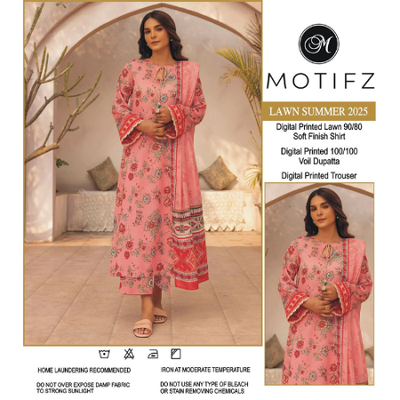 Pink Zari Lawn Suit 3PC Unstitched Summer Eid Collection 2025 by MOTIFZ Premium Lawn with Voile Dupatta
