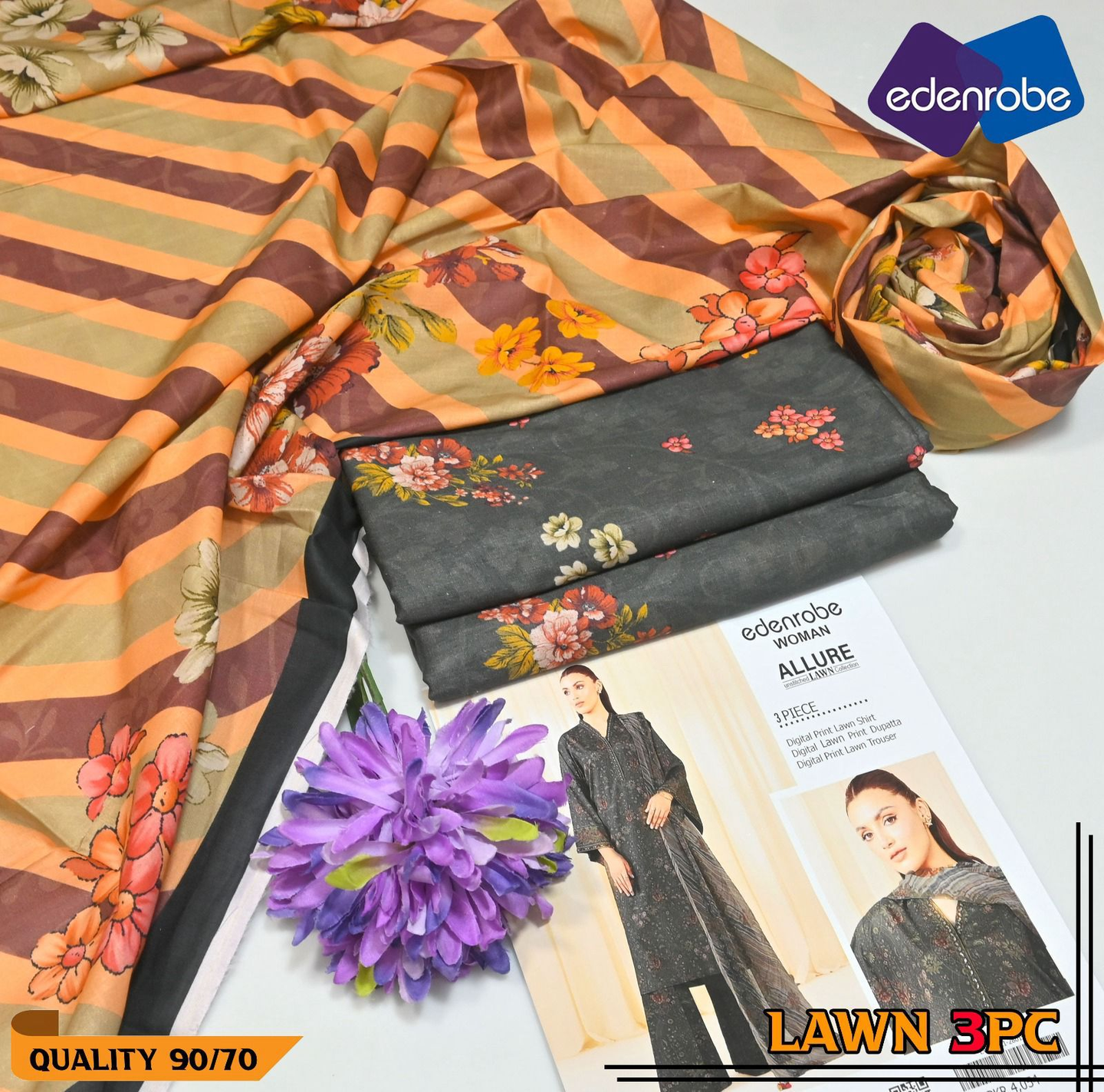 Women's 3PC Lawn Series 90/70 Airjet Lawn 100% Original Digital Printed Shirt, Trouser & Voil Lawn Dupatta EDR-3005