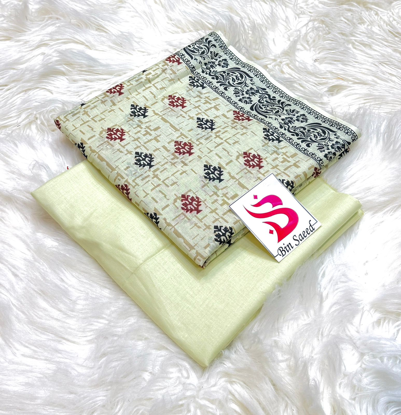 Bin Saeed Premium Quality Block Print & Plain Unstitched Fabric for Summer 2 Pcs Lawn Suit