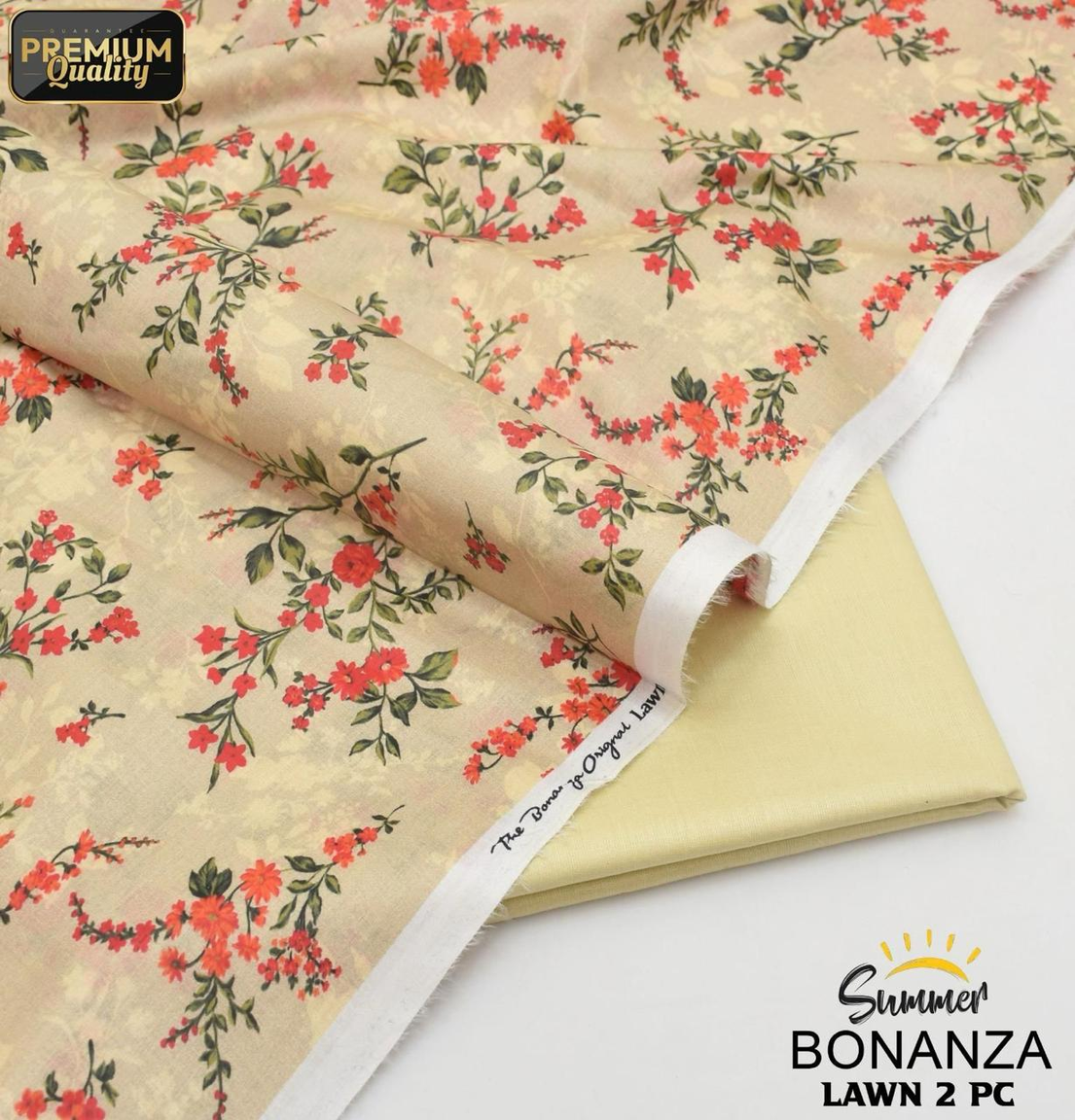 Light Beige Floral Print Bonanza Original Lawn Collection 2025 2Piece Digital Printed Lawn Suit for Women