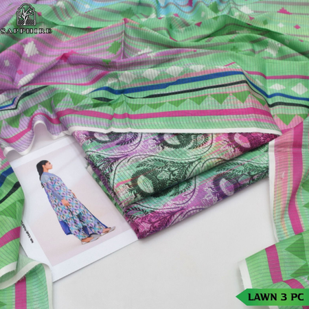 MULTI SAPPHIRE 3Piece Summer Eid Collection Zari Effect Lawn Suit with Voile Dupatta & Printed Trouser