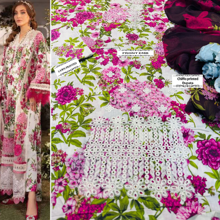 M.PRINT / Iznik / Crimson 3pc Eid Collection – Chicken Emb Lawn Suit with Chiffon Dupatta (PE001)