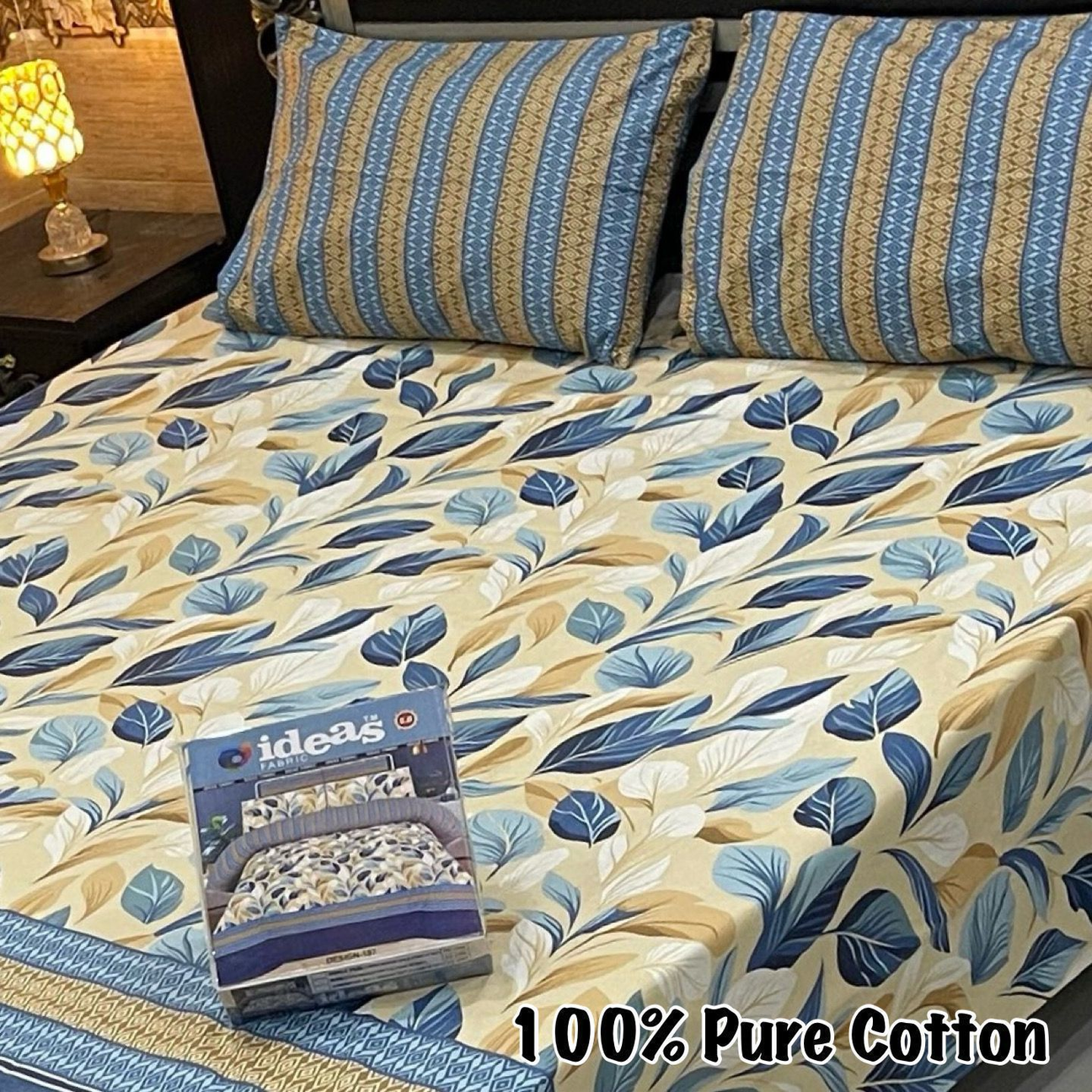 Leaf Print Bed Sheet Set – Elegant Blue & Beige Floral Design | 100% Pure Cotton Bedding-021
