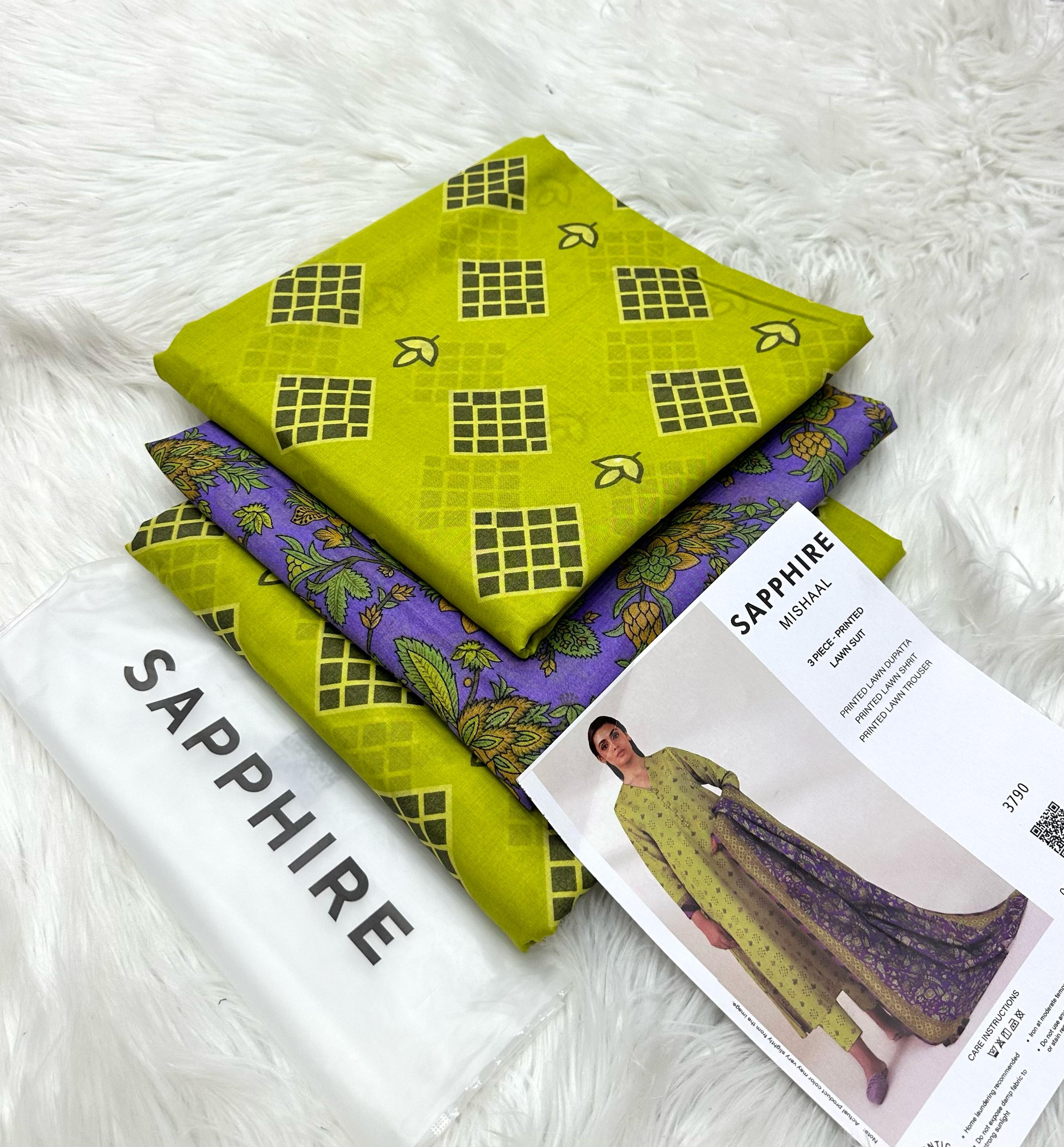Mishaal Sapphire 3-Piece Printed Lawn Suit - Lime Green & Purple Unstitched Fabric SP-LIME-25